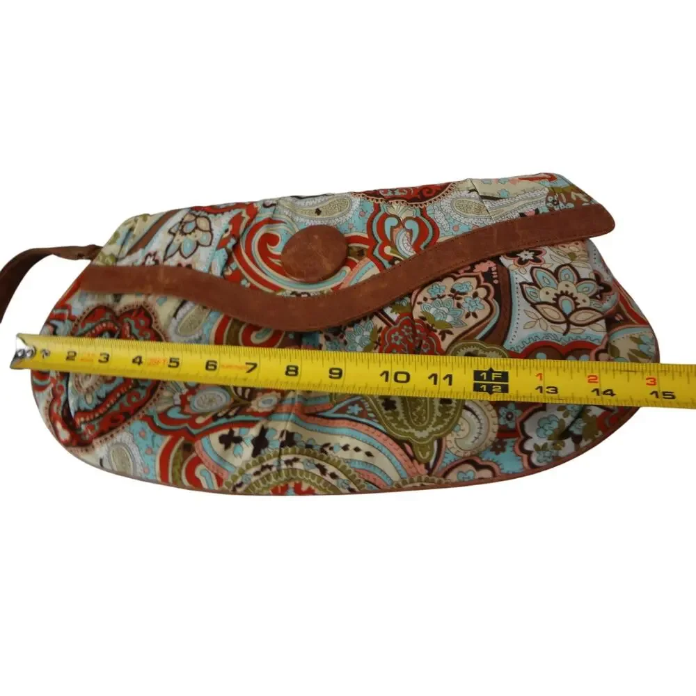 Vintage 90s Y2K Large Clutch Bag Paisley Flapover Leather Detail Wristlet Boho